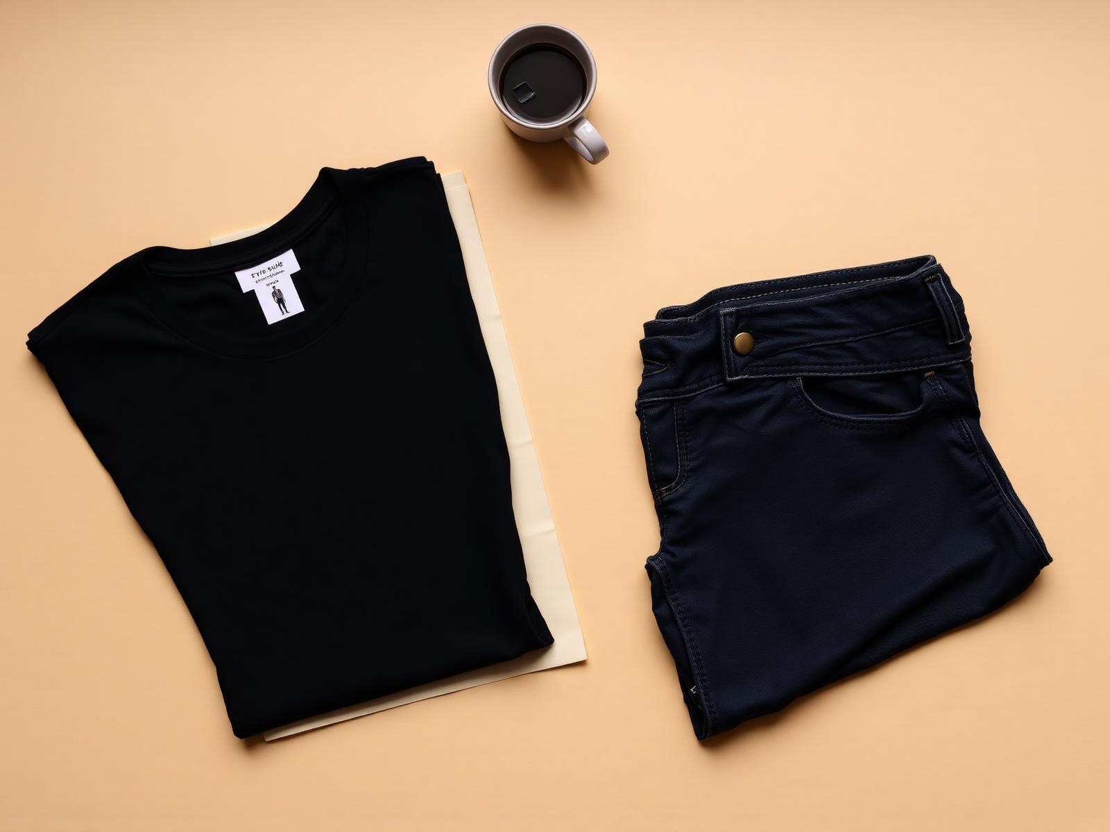 Style guide flatlay with tee, jeans, and coffee